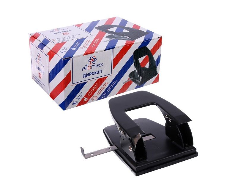 Дырокол на 30 лист "Attomex", металлический с линейкой, в картонной коробке, черный