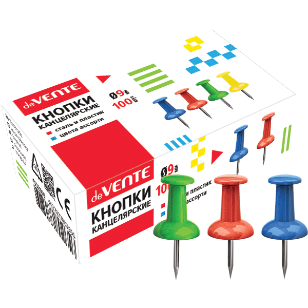 Кнопки канцелярские силовые "deVENTE" диаметр 9 мм, цветные, в форме гвоздика,100 шт , РФ