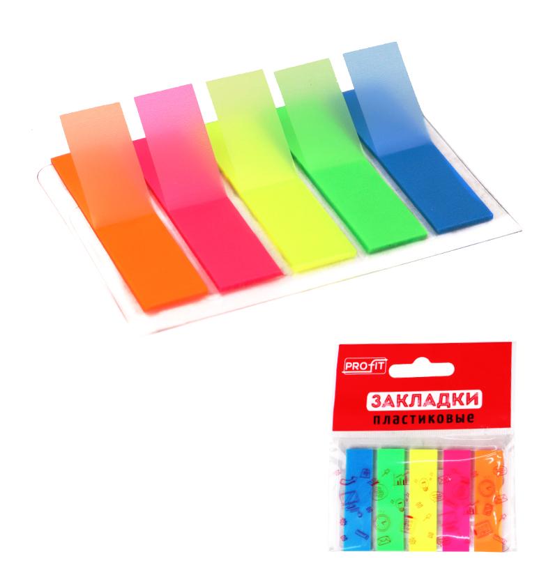 Закладки пластиковые клейкие PROFIT 12х45мм. 20 шт.х5 цв. неон., Китай