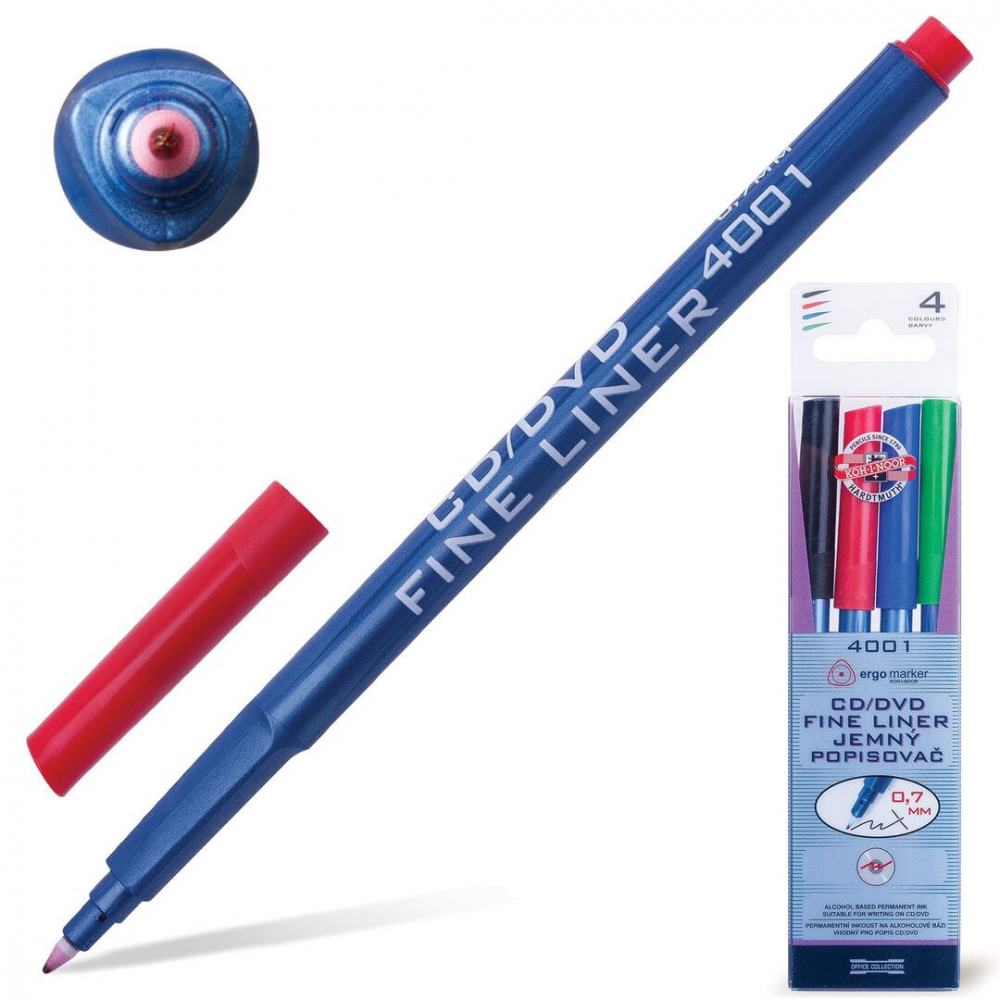 Маркер для CD/DVD KOH-I-NOOR, набор 4 шт., трехгран., 0,7 мм. (черн., син., красн., зел.)