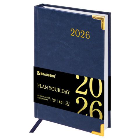 Ежедневник датированный 2026г. А5, 168 л. BRAUBERG Senator, под. кожу, синий, Китай