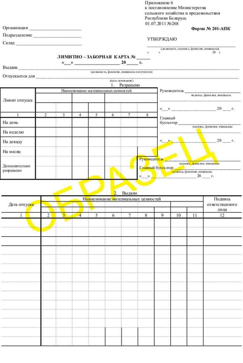 Лимитно-заборная карта   ф. 201-АПК