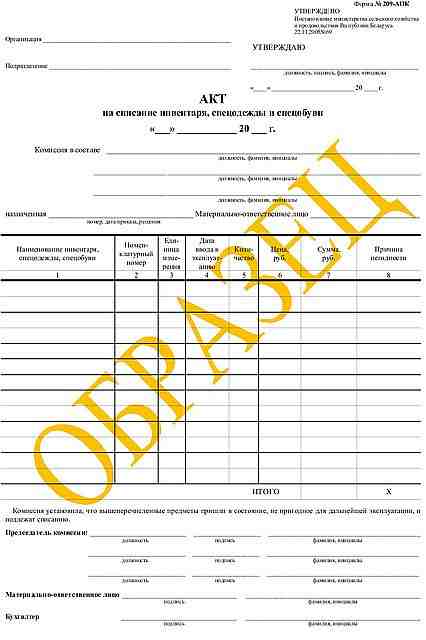 Акт на списание инвентаря, спецодежды и спецобуви ф. 209-АПК 100 шт.